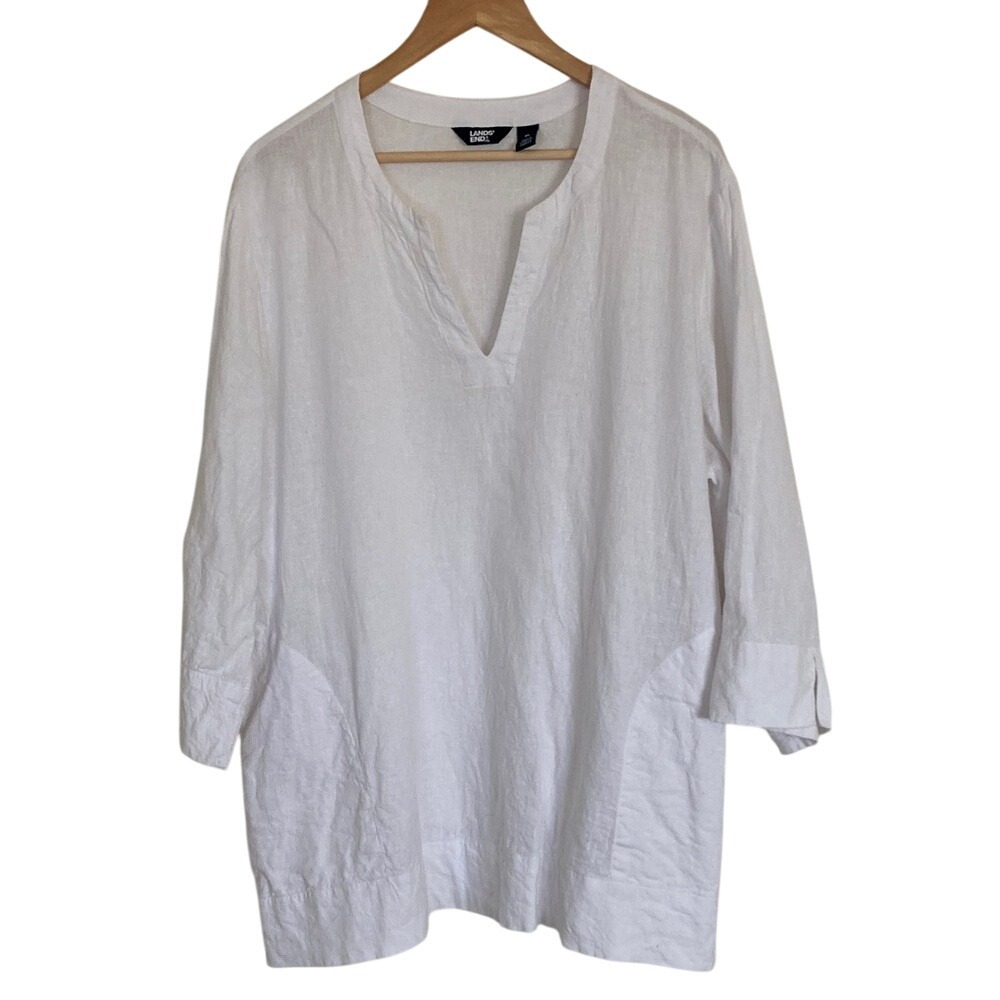 Lands End Womens White V-Neck Linen Blend Tunic‎ Top Size XL Classic Coastal